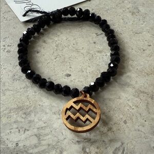 Aquarius Rosewood Hand Carved Wooden Charm Black Beaded Bracelet